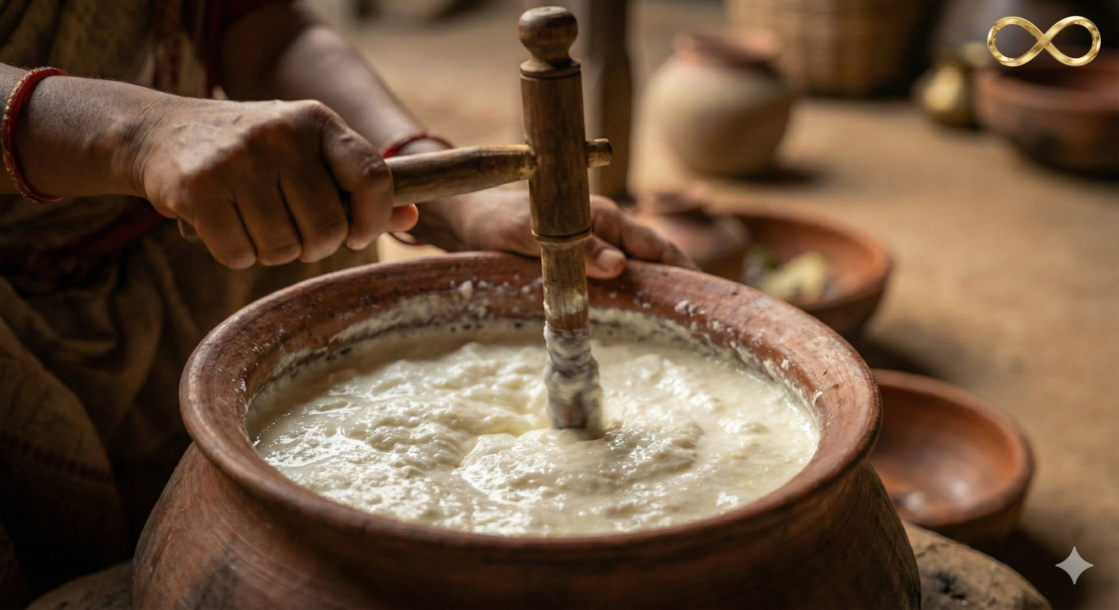 Hand churning curd with wooden bilona